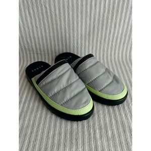 Cloak Mens Puffer Slides Grey Neon Green Quilted Zip Pocket Mules Size 6 US